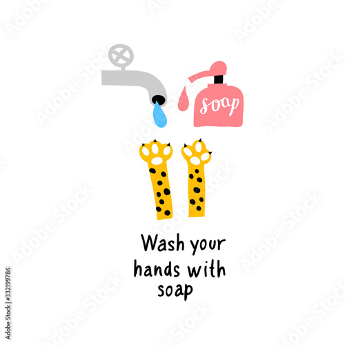 Vector illustration of washing hands. Cute cat washes paws with soap.