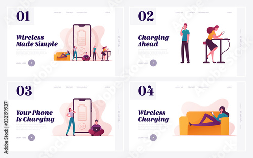 Wireless Smartphone and Gadgets Charging Landing Page Template Set. Tiny Male and Female Characters Charge Battery Low Level at Wifi Charger for Electronic Devices. Cartoon People Vector Illustration