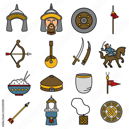 Mongol warrior flat icon set