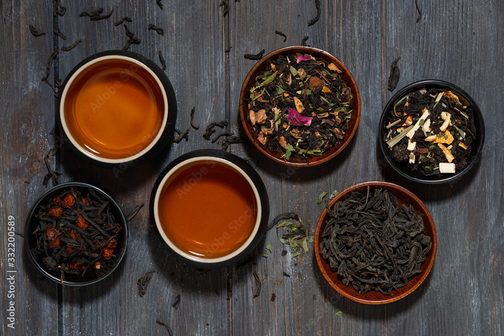 assortment of fragrant tea. black, floral and herbal drinks, top view