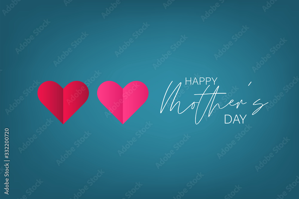 Happy Mothers Day poster or banner with hearts on blue background. Vector illustration.