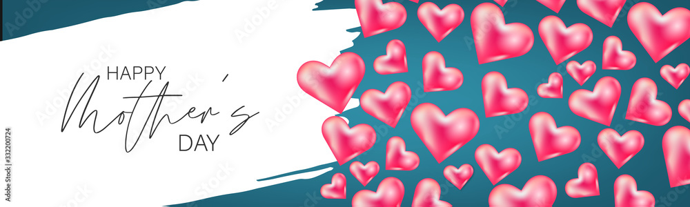 Happy Mothers Day banner, website or newsletter header. Hearts on blue background with calligraphy lettering. Vector illustration.