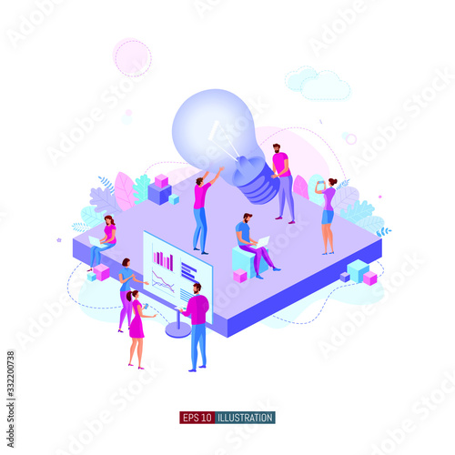 Trendy flat illustration. Cooperation of people who implement the joint idea. Illustration of the idea birth process. Template for your design works. Vector graphics.