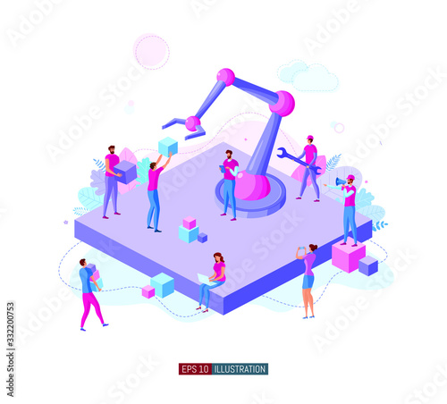 Trendy flat illustration. People are working on the creation and implementation of a robotic system. Robotization. Automation. Technology. Template for your design works. Vector graphics.