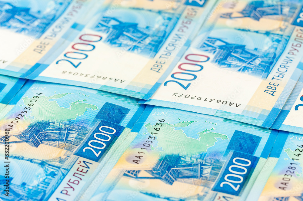 Fototapeta premium Russian money with a face value of two thousand rubles, background image
