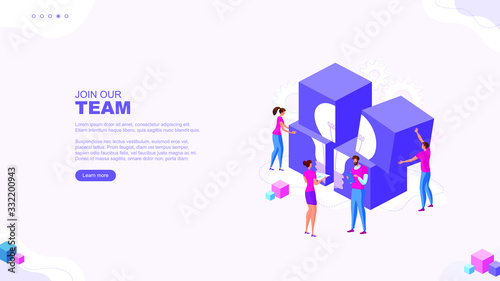 Trendy flat illustration. Join our team  page concept. Cooperation of people who implement the joint idea. Illustration of the idea birth process. Template for your design works. Vector graphics.