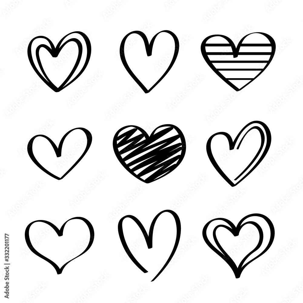 Heart hand drawn icons set isolated on white background. For poster, wallpaper and Valentines day. Collection of hearts, creative art Heart hand drawn icons set isolated on white background. For poster, wallpaper and Valentines day. Collection of hearts, creative art
