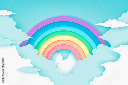 Stylized paper cutout rainbow and clouds background. Paper pastel colored rainbow. Vector art and illustration