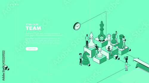 Trendy flat illustration. Join our team  page concept. People work. Business strategy. Teamwork and competition. Chess game. Chess pieces.Template for your design works. Vector graphics.