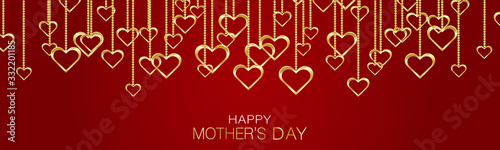 Happy Mothers Day banner, website or newsletter header. Hanging golden hearts on red background with lettering. Vector illustration.