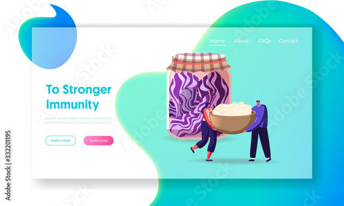 Vegan Food Fermentation Landing Page Template. Tiny Characters Cooking Fermented Food in Glass Jar. Homemade Red Cabbage Preservation, Choucroute Gourmet Recipe, Cartoon People Vector Illustration