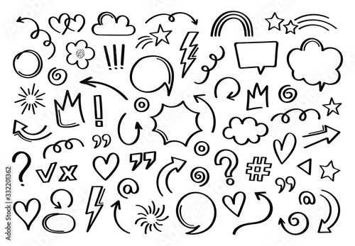 Super set different hand drawn element. Collection of arrows, crowns, circles, doodles on white background. Vector graphic design