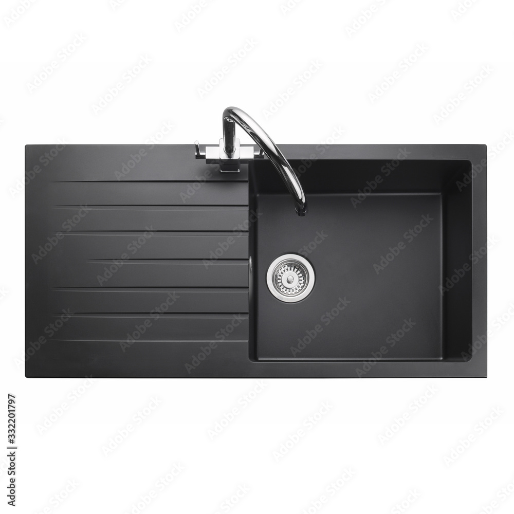Fotka „Kitchen Sink Isolated on White Background. Black Single Bowl Inset Sink. Kitchen Sink Top