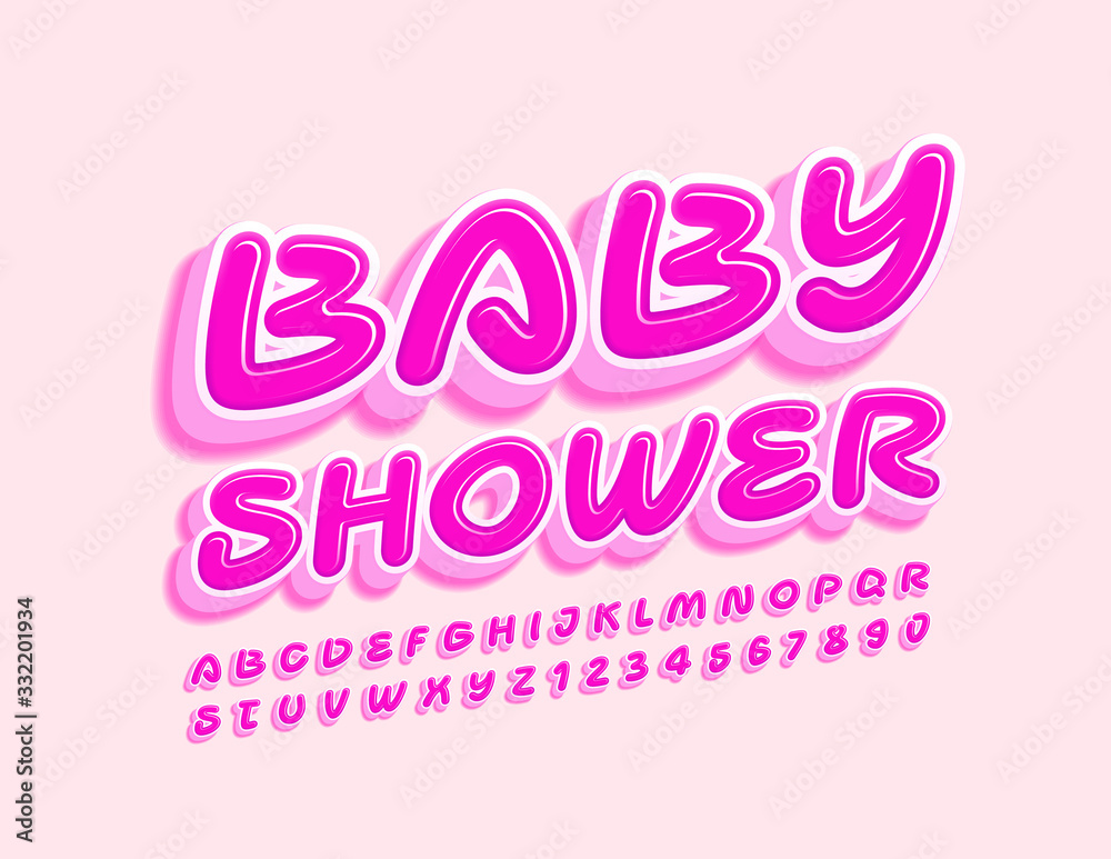 Vector bright sign Baby Book. Funny Pink Font. 3D creative Alphabet Letters and Numbers