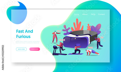 People Use Virtual Reality Technology for Sports Workout Landing Page Template. Tiny Characters in Vr Goggles Exercising on Treadmill, Fighting, Push Up, Augmented Reality. Cartoon Vector Illustration