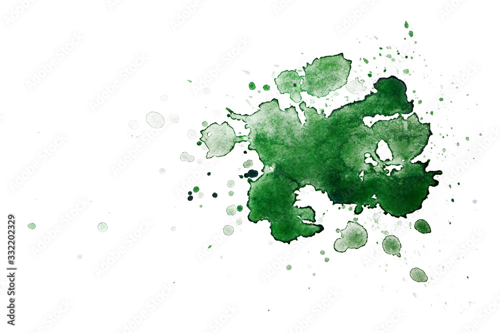 Watercolor stain green spots spilled droplets. Isolated on white background.