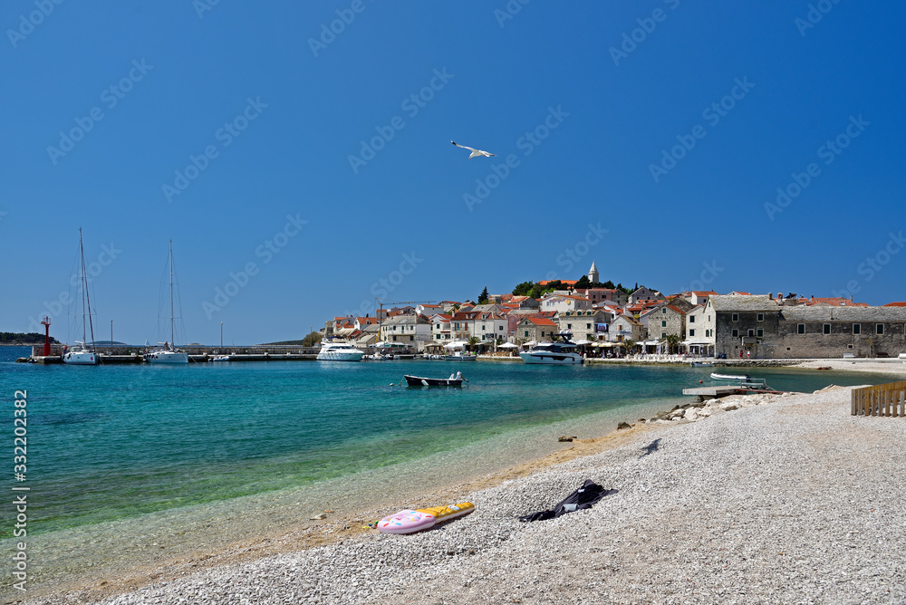 PRIMOSTEN, CROATIA - MAY 2, 2019 - The famous and beautiful Primosten town in Dalmatia - popular tourist destination in Dalmatia. Croatia PRIMOSTEN, CROATIA - MAY 2, 2019 - The famous and beautiful Primosten town in Dalmatia - popular tourist destination in Dalmatia. Croatia