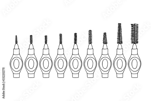 Set interdental brush orthodontic braces. Pipe-cleaner dental product personal oral hygiene at home in bathroom. Vector isolated flat doodle realistic drawing with black outline white background icon