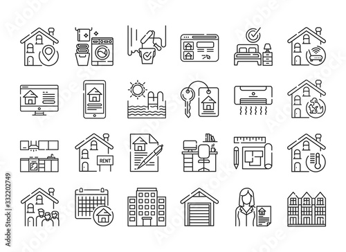 Rent home and real estate black line icons set. Buildings and property. Purchasing, sale and leasing. Pictogram for web page, mobile app, promo. UI UX GUI design element. Editable stroke.