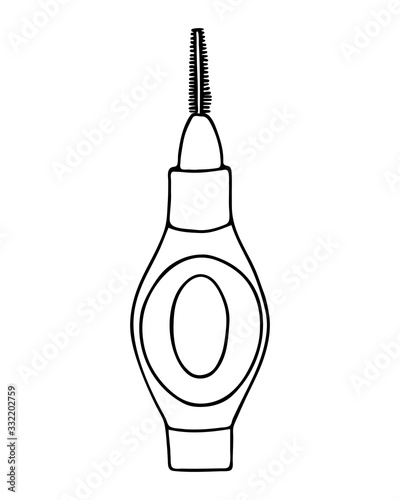 Interdental brush orthodontic braces. Pipe-cleaner dental product personal oral hygiene at home in bathroom. Vector isolated flat doodle realistic drawing with black outline white background icon
