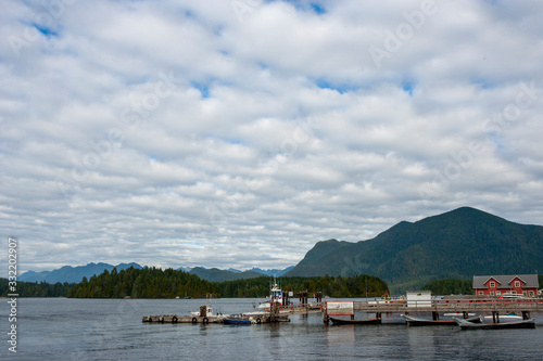 lake and village in the mountains, tofino brittish columbia, vancouver island