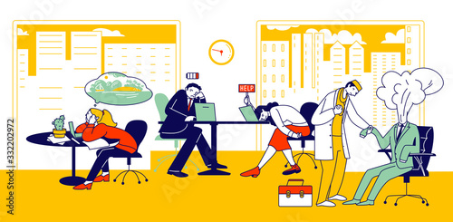 Professional Burnout Syndrome. Exhausted Manager Characters at Work Sitting at Table with Head Down and Low Battery Above. Business Concept of Overload and Tiredness. Linear People Vector Illustration