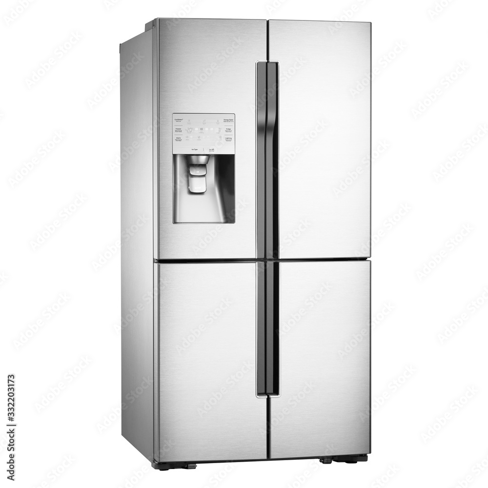 Four Door Refrigerator Isolated on White Background. Domestic Appliances.  Side View of Stainless Steel Fridge Freezer. Electric Appliances. Kitchen  Appliances. American-Style Refrigerator Stock Photo | Adobe Stock