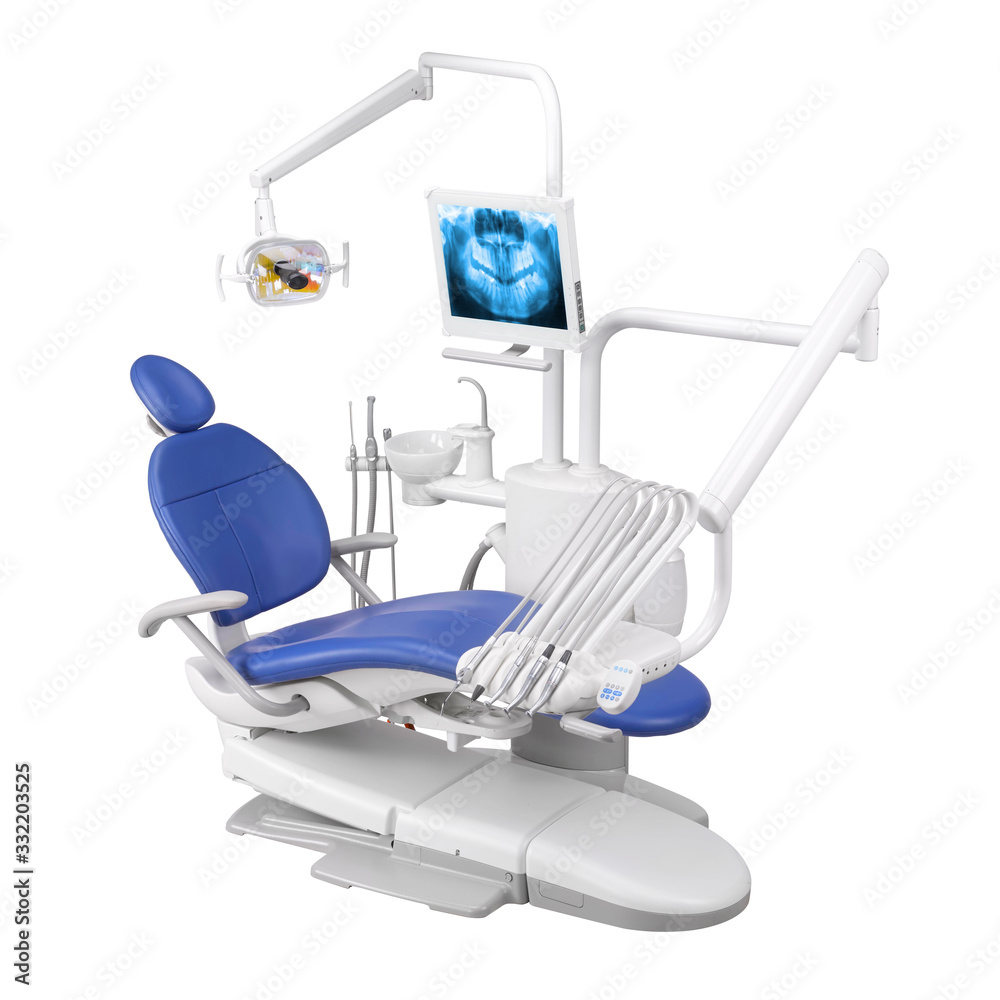 Modern Dentist Chair Isolated on White. Dental Treatment Unit with Delivery System. Blue