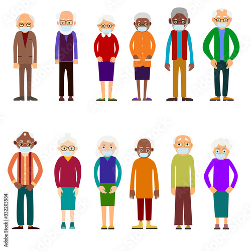 Seniors in medical masks to be protect from coronavirus or diseases. Group of risk coronavirus. or diseases. Group of risk coronavirus.
