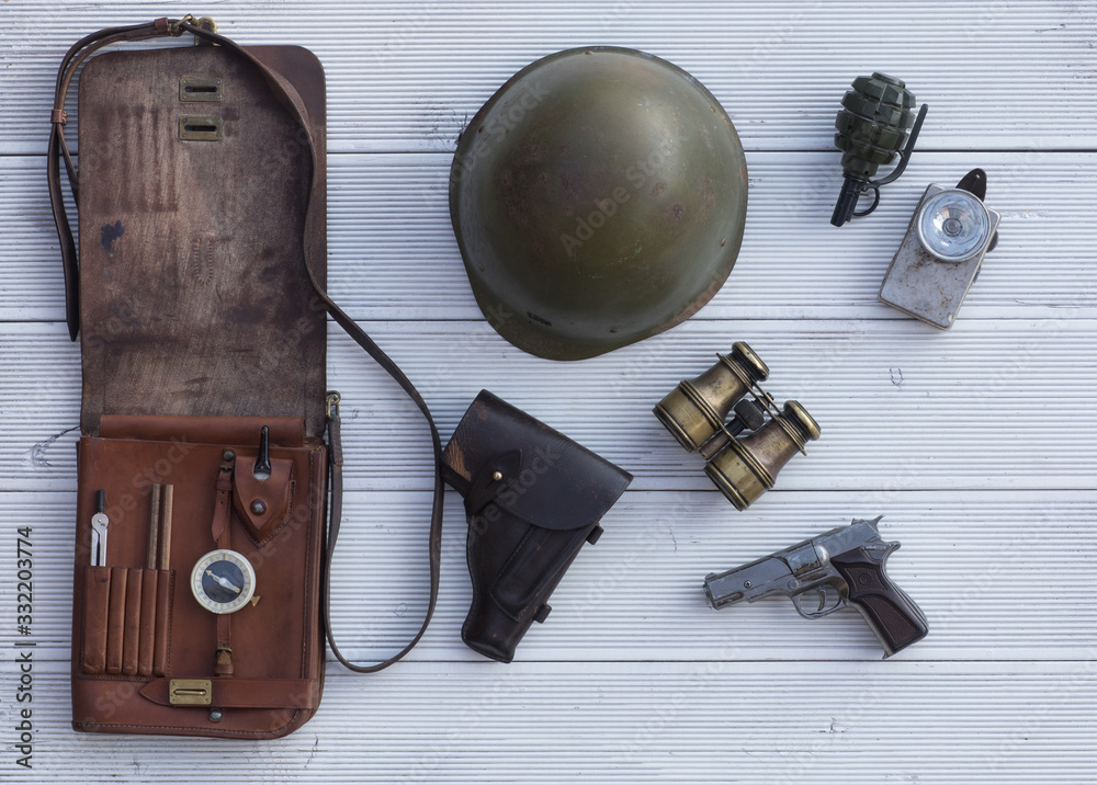leather mapcase, vintage military equipment and weapons Stock Photo