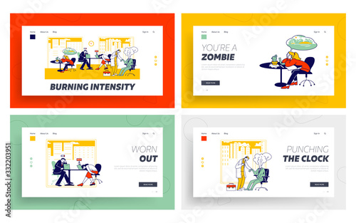 Professional Burnout Syndrome Landing Page Template Set. Business People Characters with Low Battery Level Sit at Working Place in Office Need Help and Dreaming of Vacation. Linear Vector Illustration