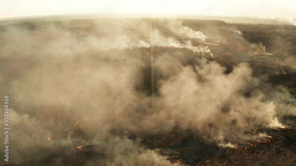 Aerial view of wildfire on the field. Huge clouds of smoke Aerial view of wildfire on the field. Huge clouds of smoke