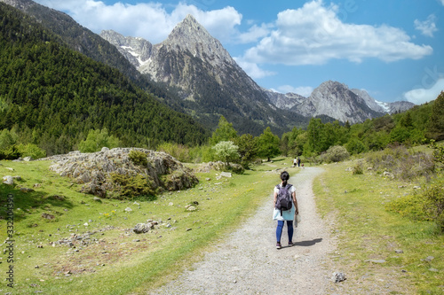 Beautiful Pyrenees mountain landscape from Spain  Catalonia. Tourist walking on the road