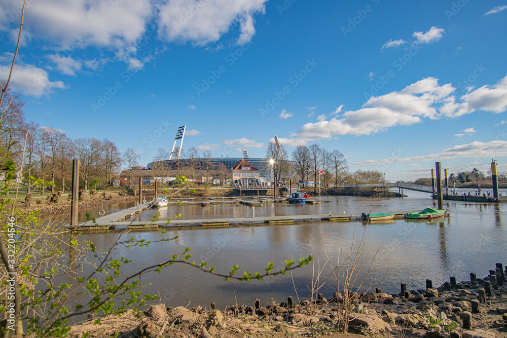 Beautiful Dyke at the Weser River with Stadium in the Background in Bremen