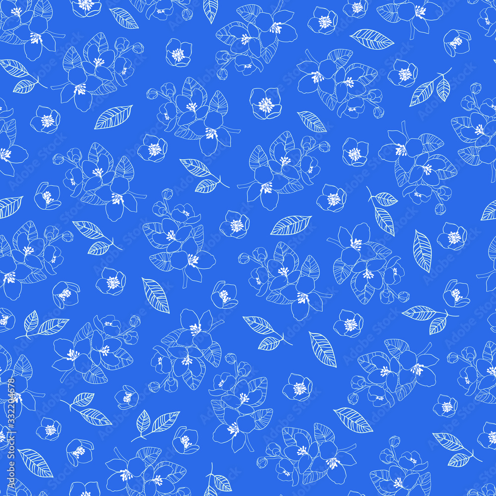 Jasmine flowers on a blue seamless pattern. Vector EPS 10 file for desing Jasmine flowers on a blue seamless pattern. Vector EPS 10 file for desing