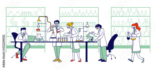 Chemistry Scientists, Professional People Characters Chemists or Doctors Research Medical Experiment in Scientific Laboratory with Contemporary Equipment, Researchers. Linear Vector Illustration