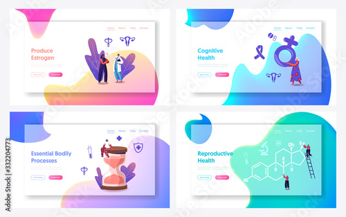 Estrogen Hormone Female Health, Diagnostics and Treatment Landing Page Template Set. Medicine, Woman Characters Gynecology Check Up, Reproductive System Health Care. Cartoon People Vector Illustration