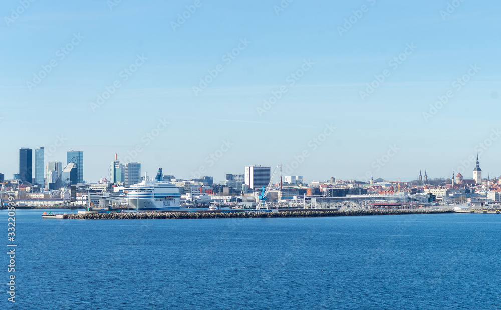 23 April 2019, Tallinn, Estonia. High-speed passenger and car ferry of the Estonian shipping concern Tallink Silja Europa in the port of Tallinn.