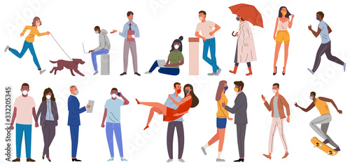 Multiracial people casual clothes with protective medical face masks different poses. Men women wearing protection from coronavirus, covid 19, 2019 nCoV, urban air smog pollution vector illustration