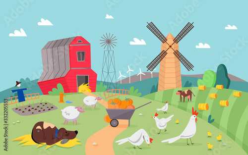 Modern farm with cute animals flat design cartoon vector illustration background. Rural landscape with green fields, sheaves of hay, elevator, mill, cart with pumpkins. Farming and agriculture concept