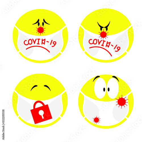 Set of Emoji in medical masks isolated on white background