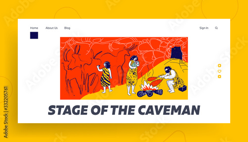 Primitive People Caveman Family Living in Cave with Bonfire Landing Page Template. Human Characters of Tribe Members. Child Paint, Mother Hold Baby, Father Frying Meat. Linear Vector Illustration