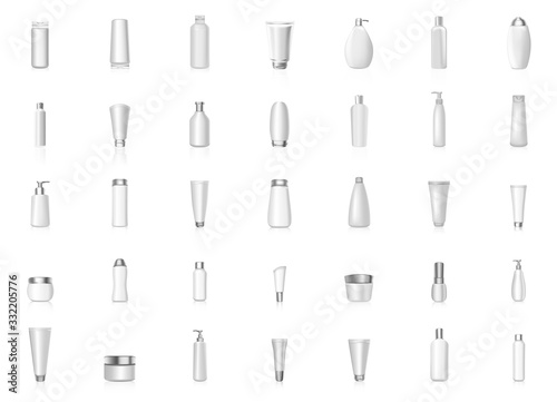 White different shapes cosmetic bottles mockup realistic template vector set isolated on white background. Perfume  face care  skin products  liquid  gel  foam  cream  powder container template