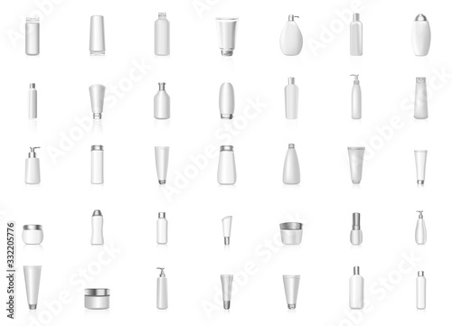 White different shapes cosmetic bottles mockup realistic template vector set isolated on white background. Perfume, face care, skin products, liquid, gel, foam, cream, powder container template