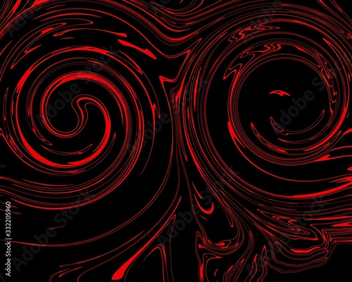 Red color twirl on black background. Two twirl look like the eyes. Two twirl look like tape cassettes. Art background