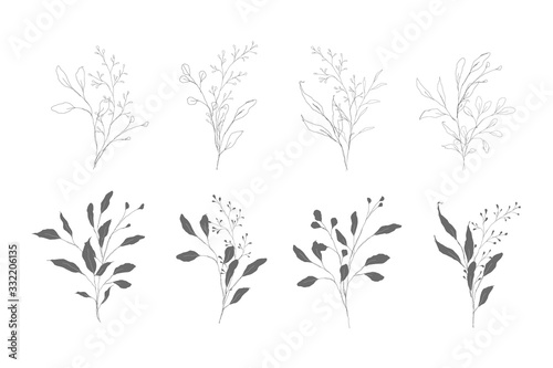Botanical line art silhouette leaves hand drawn pencil sketches isolated on white background. Fine art floral elegant delicate graphic clipart for wedding invitation card. Vector illustration