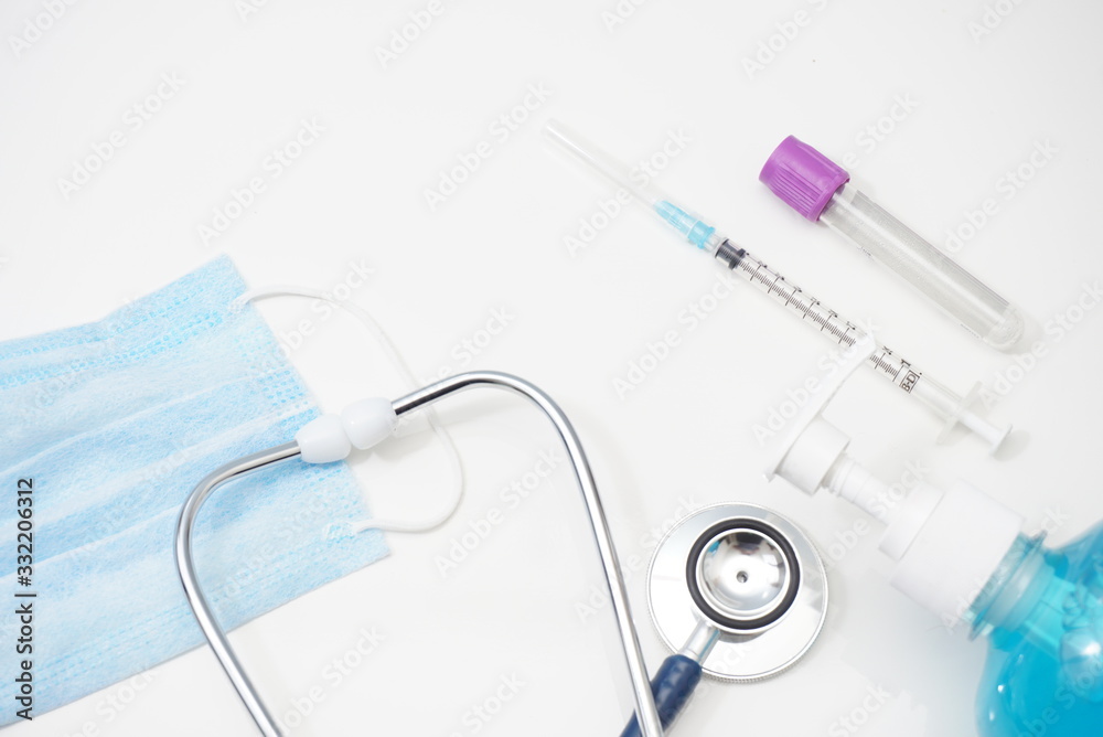 The concept of personal hygiene from virus outbreaks, stethoscopes, masks, sanitizers and other equipment. The concept of personal hygiene from virus outbreaks, stethoscopes, masks, sanitizers and other equipment.
