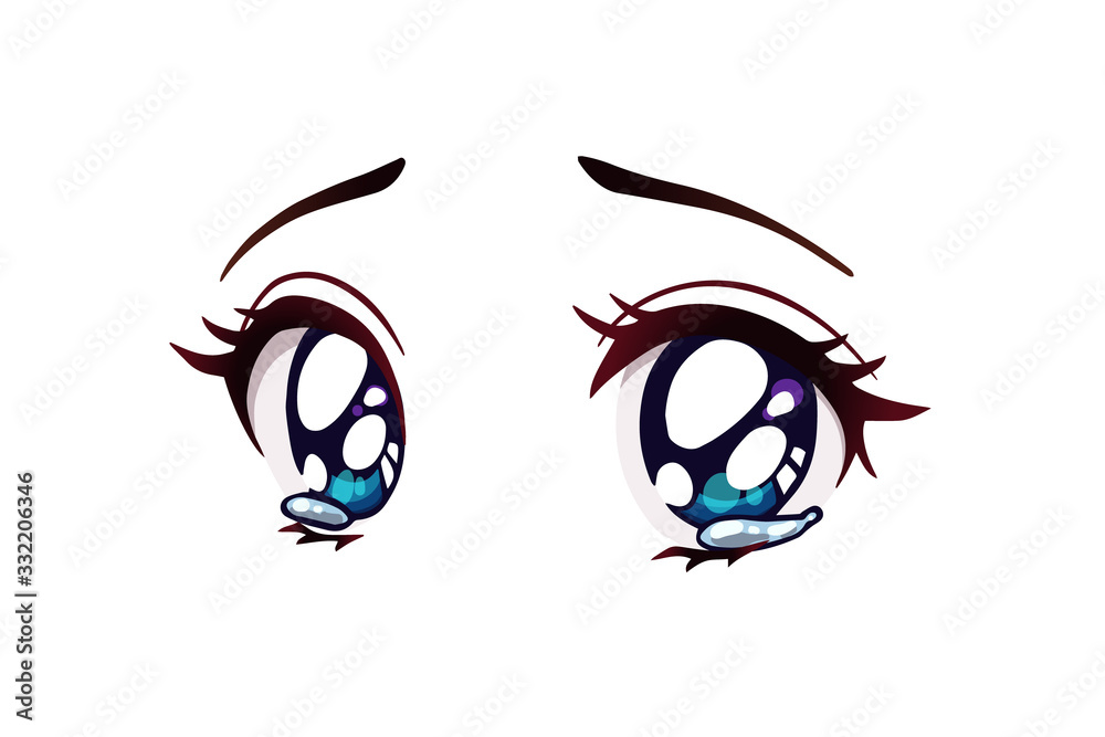  Tristes ojos de anime.  Lágrimas en sus grandes ojos azules.  Vector de stock