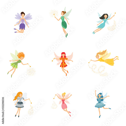 Colorful set of cute girly fairies with magic wands and long hair dancing in pretty dresses © Nadzin