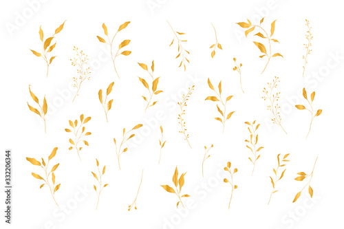 Botanical line art silhouette golden leaves hand drawn pencil sketches isolated on white background. Fine art floral elegant delicate graphic clipart for wedding invitation card. Vector illustration